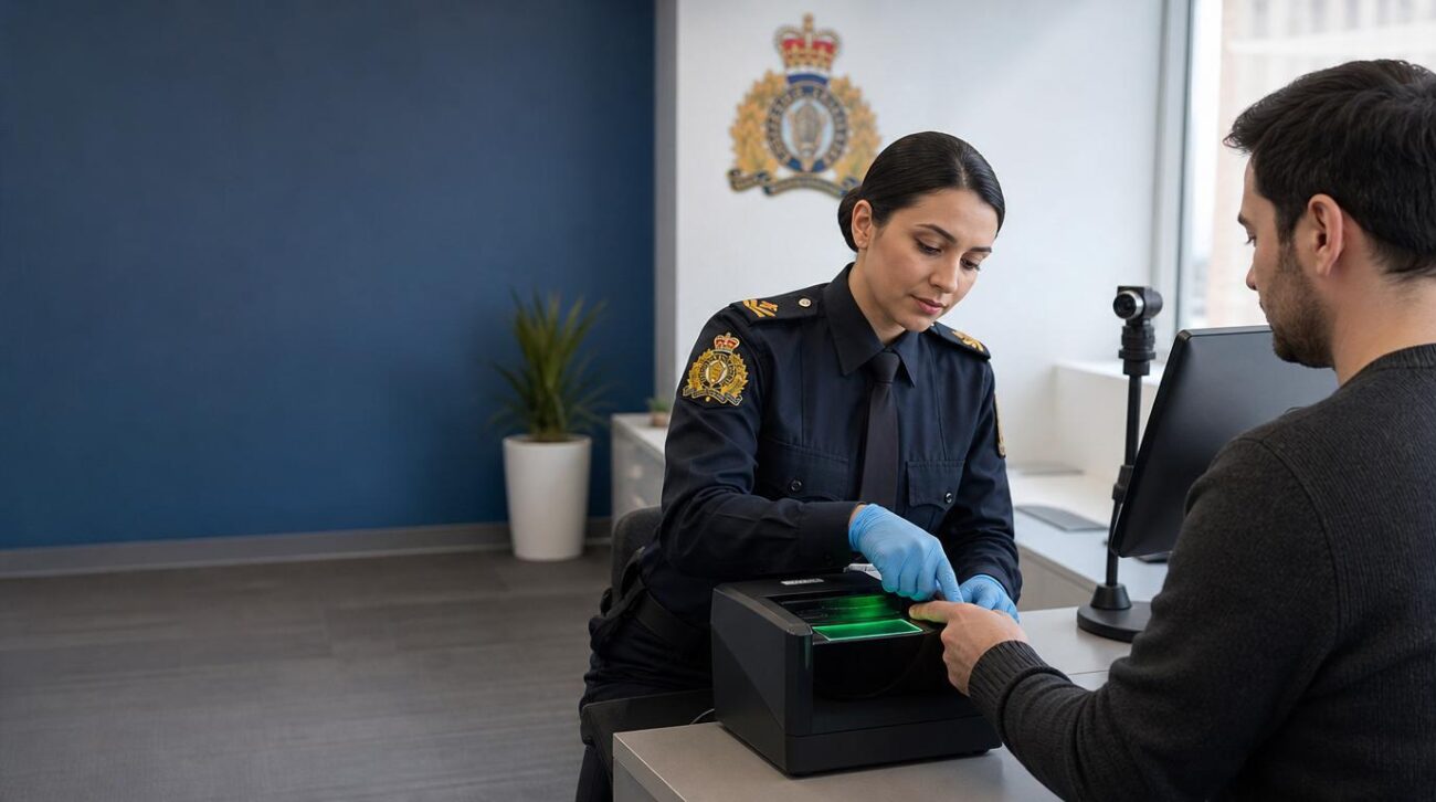 Ultra-realistic cinematic website hero banner for an RCMP-accredited fingerprinting agency in Canada, showing a modern luxury biometric verification office in Brampton. A professionally dressed officer using an advanced digital fingerprint scanner with glowing biometric interface, client seated confidently during identity verification, elegant government-grade security environment, subtle Canadian elements, realistic office depth, premium corporate interior, natural daylight through glass windows, sharp focus on fingerprint scanning process, soft blue and silver tones, documentary photography style, Sony A7R IV photography, ultra detailed skin and fabric textures, shallow depth of field, authentic RCMP compliance atmosphere, trustworthy and secure feeling, high-end fintech/government aesthetic, no text, no watermark, realistic reflections, dramatic cinematic lighting, left-side empty space for website heading and CTA button, wide 16:9 composition, hyper realistic, not AI-looking, premium website banner quality.