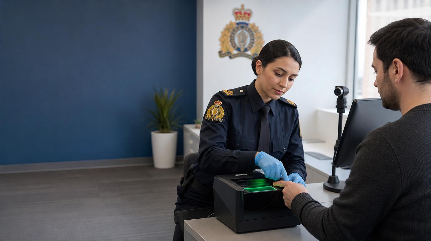 Ultra-realistic cinematic website hero banner for an RCMP-accredited fingerprinting agency in Canada, showing a modern luxury biometric verification office in Brampton. A professionally dressed officer using an advanced digital fingerprint scanner with glowing biometric interface, client seated confidently during identity verification, elegant government-grade security environment, subtle Canadian elements, realistic office depth, premium corporate interior, natural daylight through glass windows, sharp focus on fingerprint scanning process, soft blue and silver tones, documentary photography style, Sony A7R IV photography, ultra detailed skin and fabric textures, shallow depth of field, authentic RCMP compliance atmosphere, trustworthy and secure feeling, high-end fintech/government aesthetic, no text, no watermark, realistic reflections, dramatic cinematic lighting, left-side empty space for website heading and CTA button, wide 16:9 composition, hyper realistic, not AI-looking, premium website banner quality.
